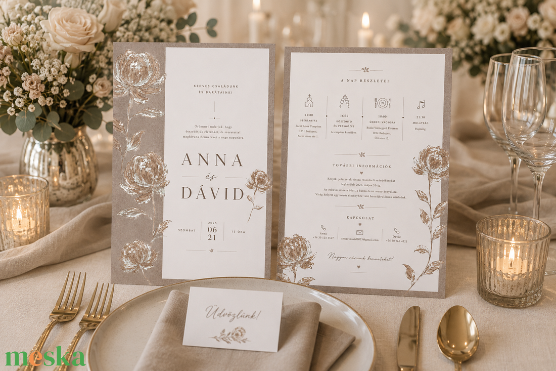Champagne Bloom � Elegáns Krizantém Esküvői Meghívó - esküvő - meghívó & kártya - meghívó - Meska.hu