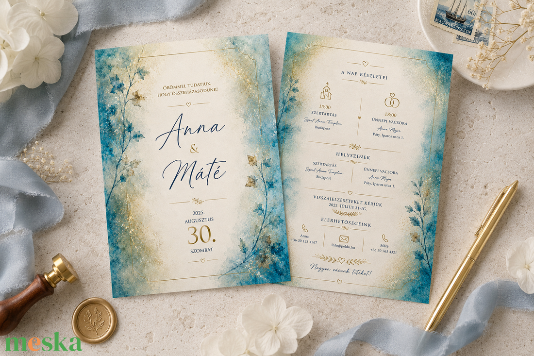 Azure Blossom � Kék Akvarell Virágos Esküvői Meghívó - esküvő - meghívó & kártya - meghívó - Meska.hu