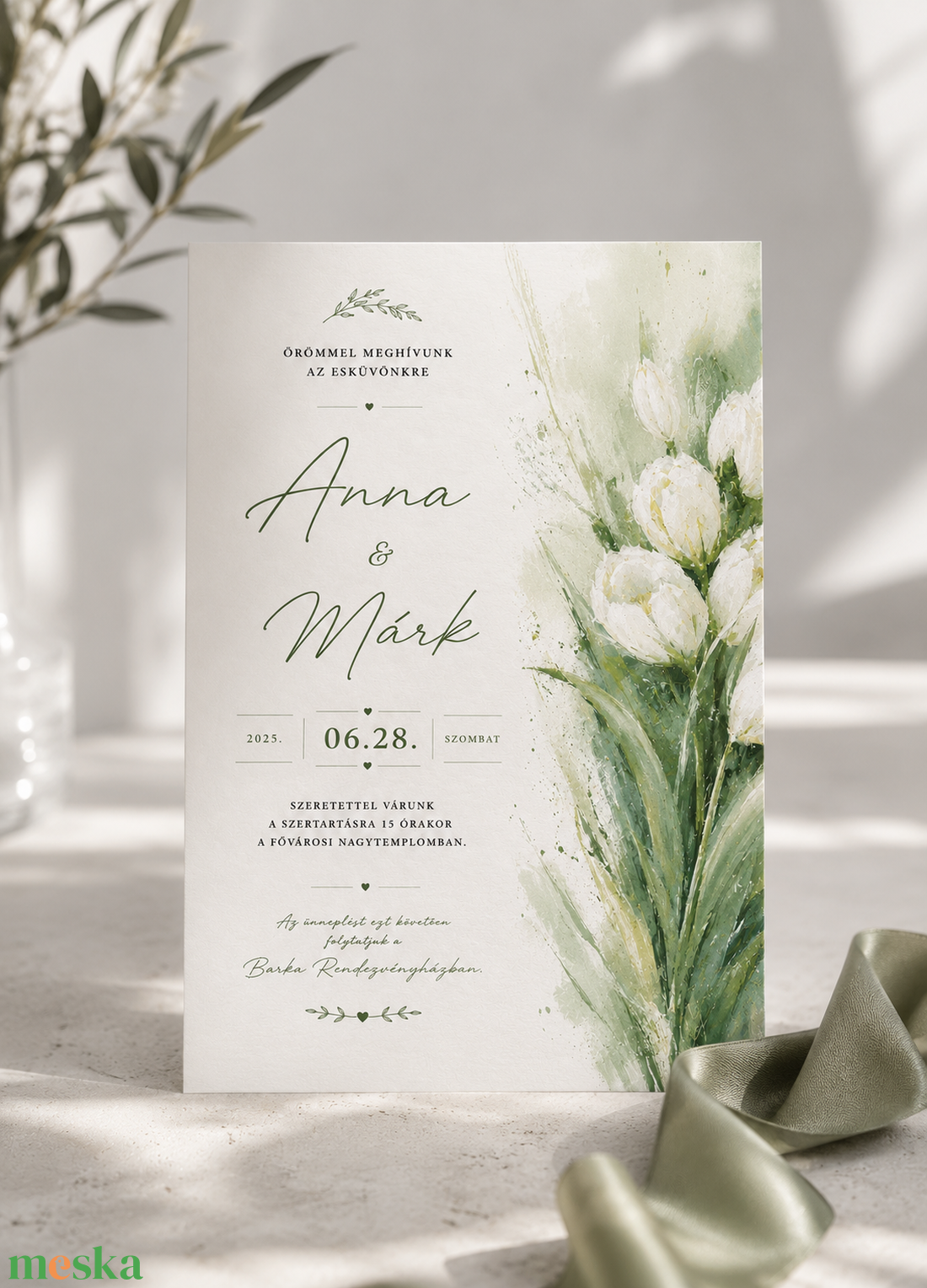 Fehér Tulipán � Elegáns Akvarell Esküvői Meghívó - esküvő - meghívó & kártya - meghívó - Meska.hu