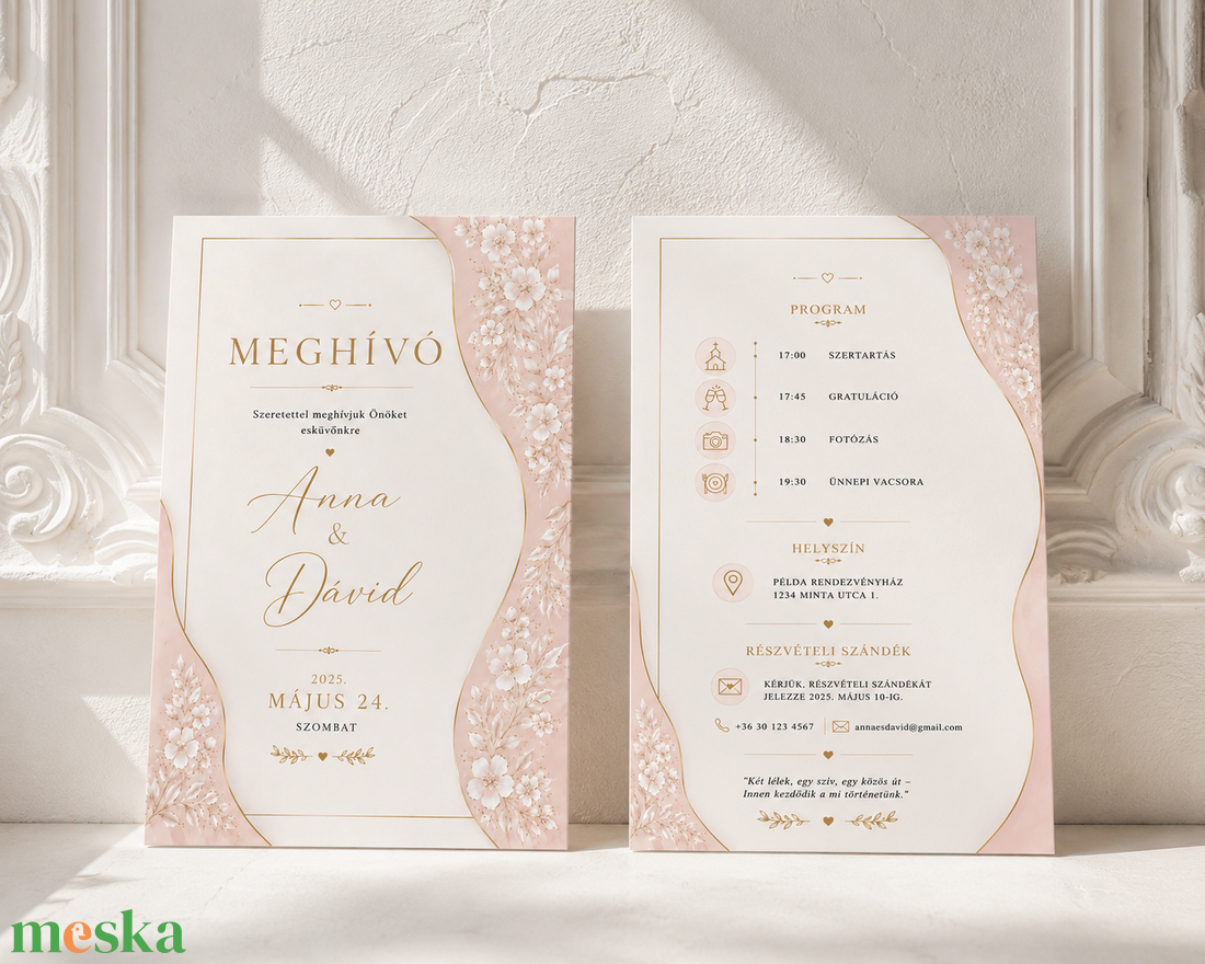 Púdervirág-Elegáns kétoldalas esküvői meghívó - esküvő - meghívó & kártya - meghívó - Meska.hu