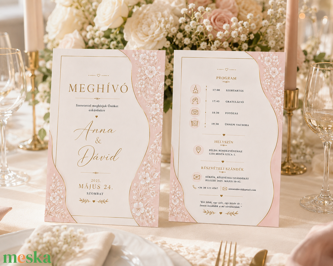 Púdervirág-Elegáns kétoldalas esküvői meghívó - esküvő - meghívó & kártya - meghívó - Meska.hu