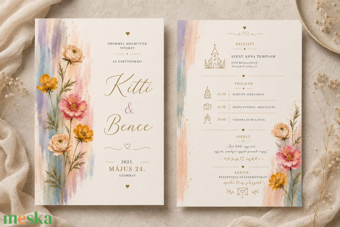 Pastel Bloom � Pasztell Virágos Esküvői Meghívó - esküvő - meghívó & kártya - meghívó - Meska.hu
