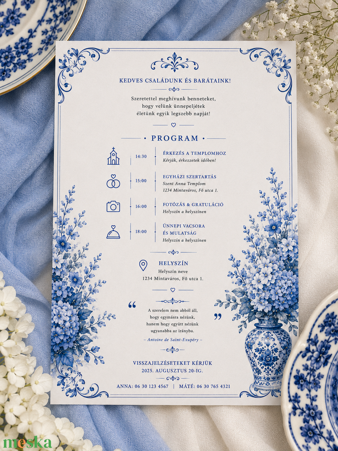 Királykék Porcelánálom-Klasszikus, elegáns esküvői meghívó - esküvő - meghívó & kártya - meghívó - Meska.hu
