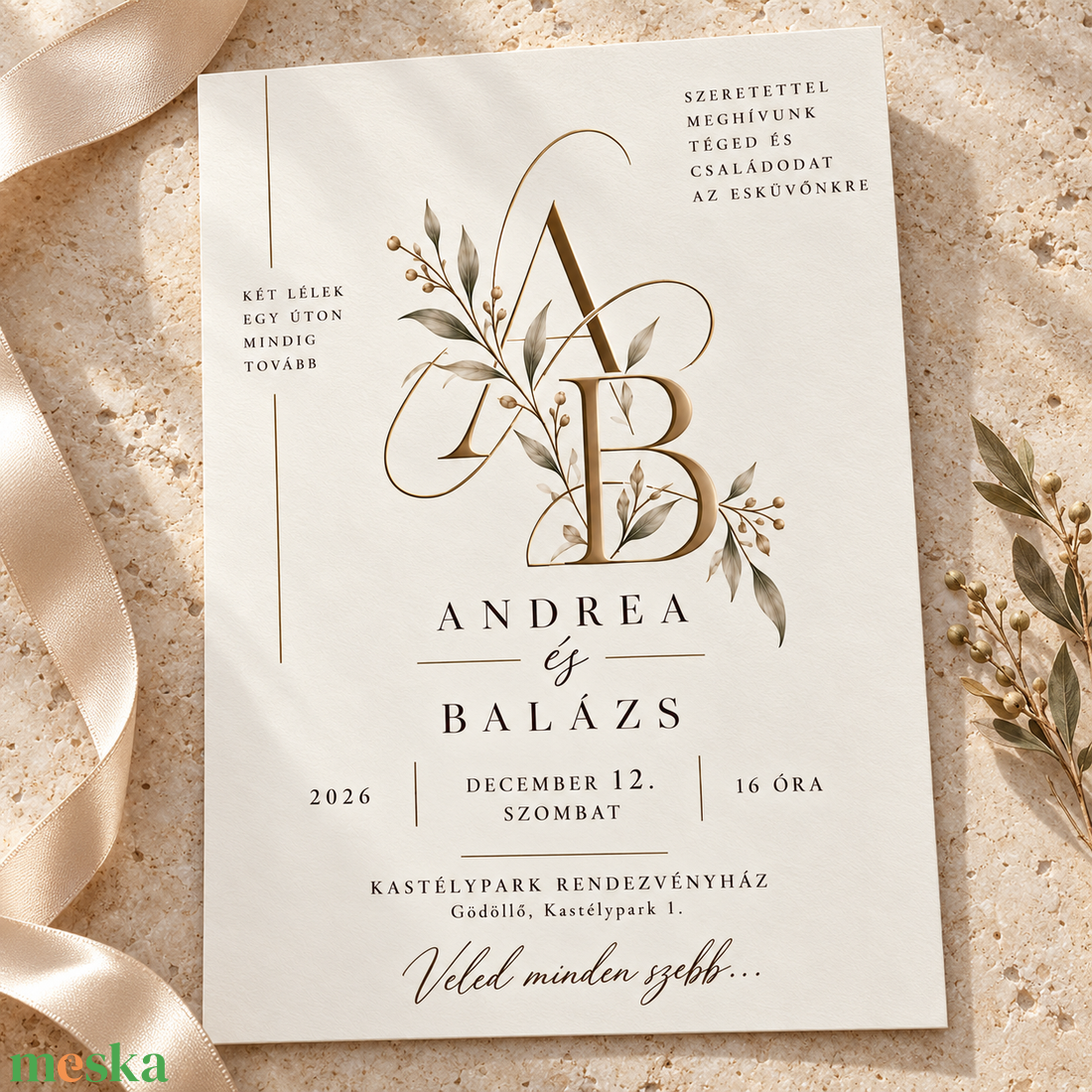 Monogram aranyág � elegáns, klasszikus esküvői meghívó - esküvő - meghívó & kártya - meghívó - Meska.hu