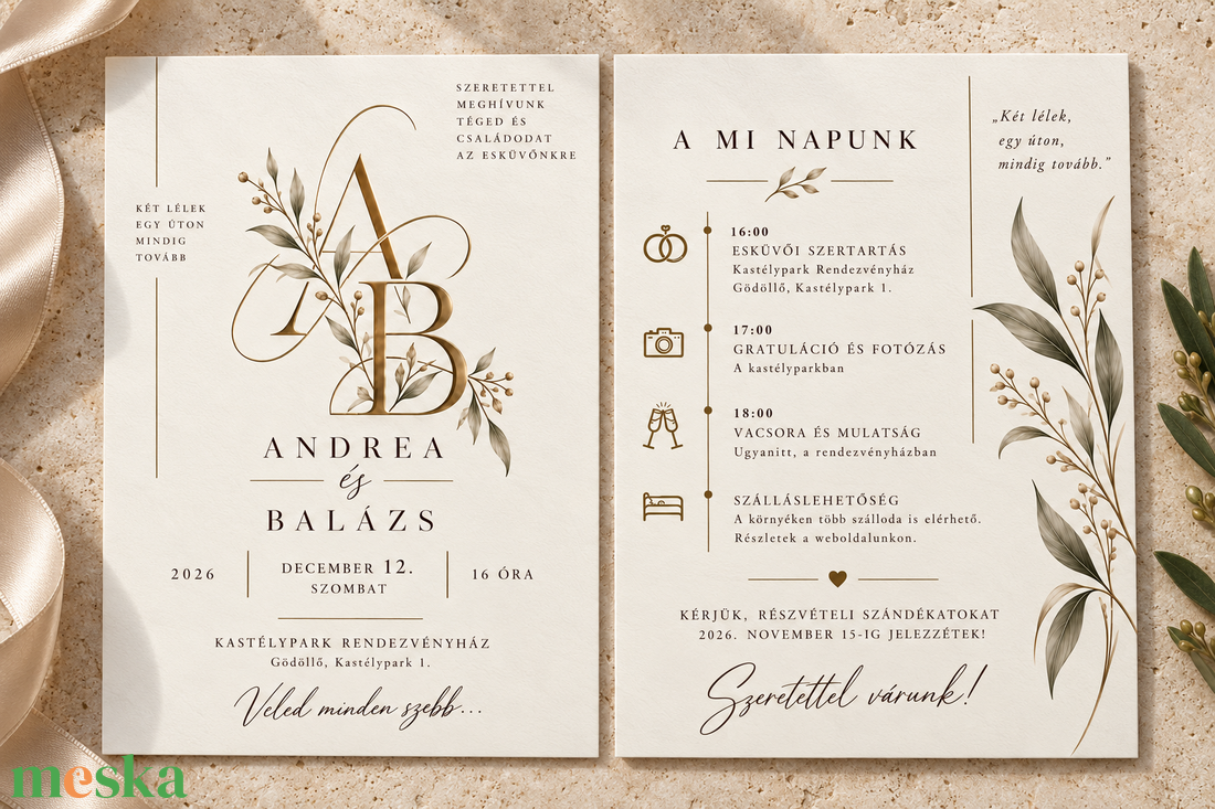 Monogram aranyág � elegáns, klasszikus esküvői meghívó - esküvő - meghívó & kártya - meghívó - Meska.hu