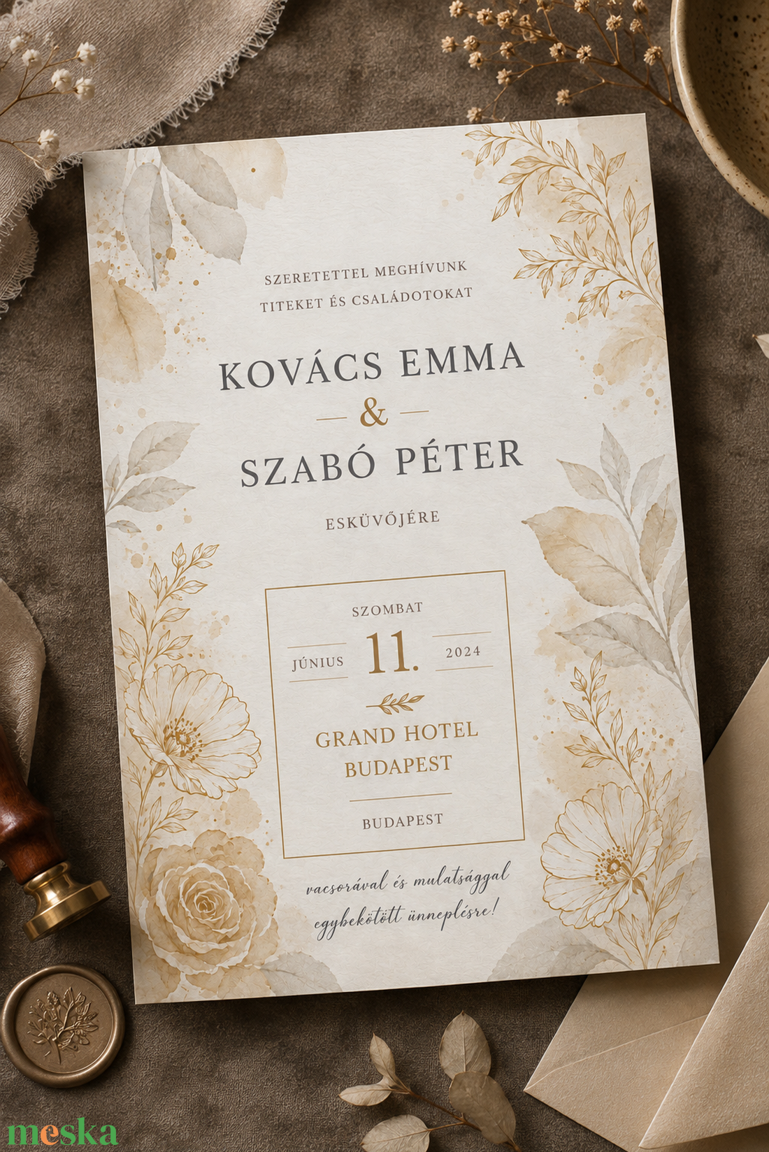  Bézs Rózsakert � romantikus, elegáns esküvői meghívó - esküvő - meghívó & kártya - meghívó - Meska.hu