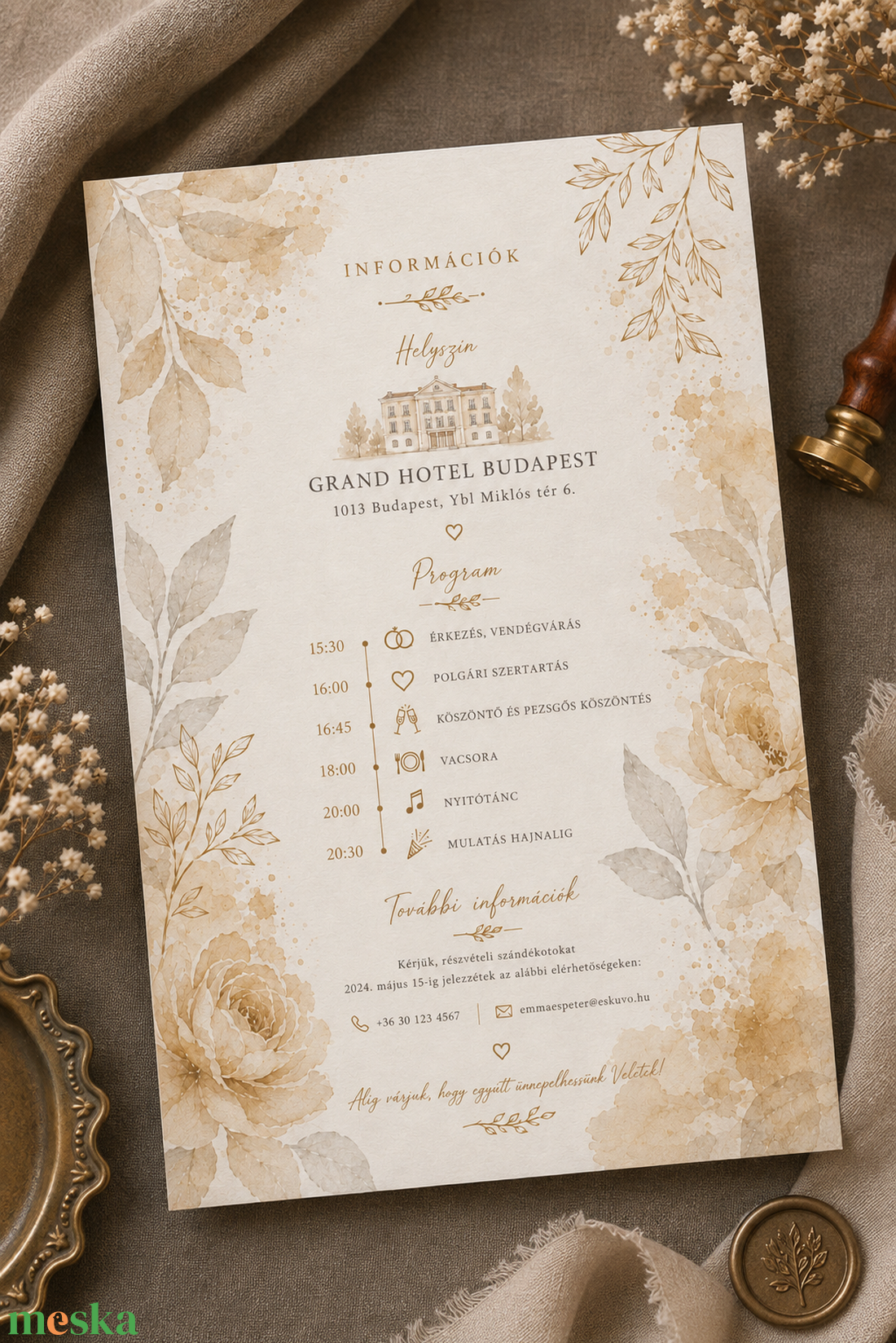  Bézs Rózsakert � romantikus, elegáns esküvői meghívó - esküvő - meghívó & kártya - meghívó - Meska.hu