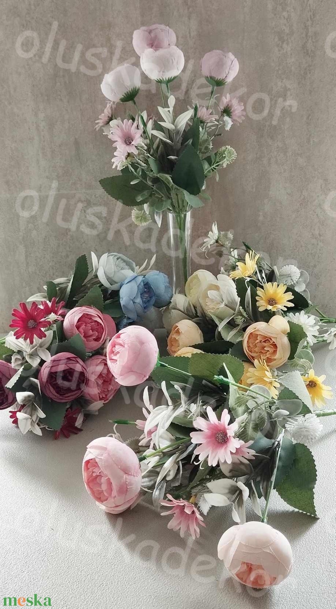 Peony, selyem virágcsokor, 7 ágú, kis virágokkal, díszítőkkel, több színben, 30cm - kellékek & szerszámok - dekorációs kellékek - egyéb kellékek - Meska.hu