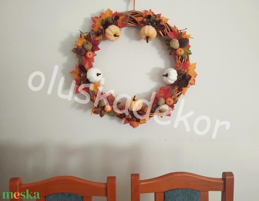 Őszi száraztermés, levél, tök, makkal díszített koszorú, ajtódísz, kopogtató, kb. 56cm - otthon & életmód - dekoráció - ajtó- és ablak dekoráció - ajtódísz & kopogtató - Meska.hu