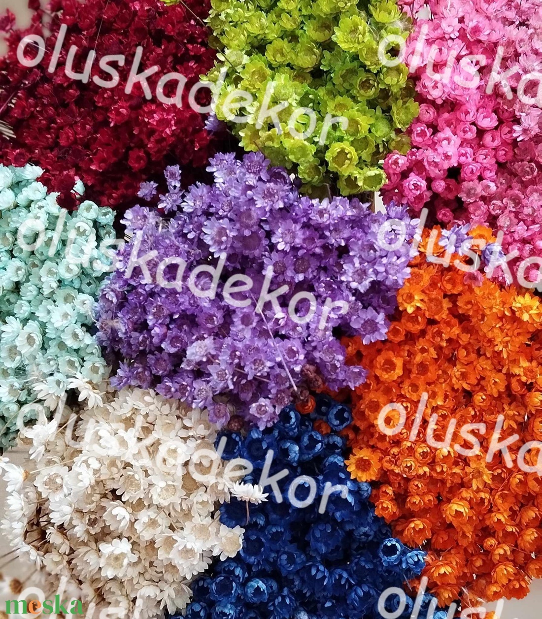 Glixia, barna, narancs, barack, bordó, zöld, lila, kék, száraz dekor növény, kis csokor - kellékek & szerszámok - dekorációs kellékek - figurák - Meska.hu