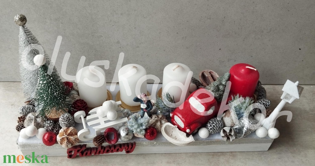 Adventi asztaldísz, téli jelenet, fehér, piros, ezüst, 35cm - karácsony - karácsonyi lakásdekoráció - ünnepi asztaldekoráció - Meska.hu