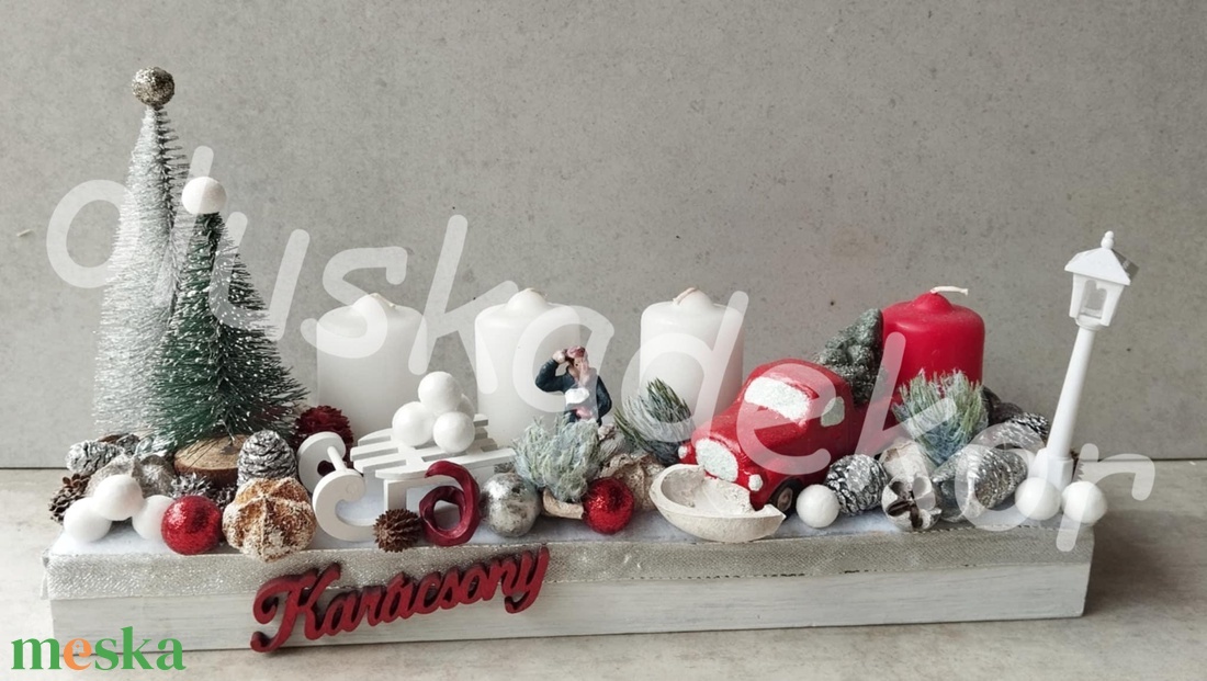Adventi asztaldísz, téli jelenet, fehér, piros, ezüst, 35cm - karácsony - karácsonyi lakásdekoráció - ünnepi asztaldekoráció - Meska.hu