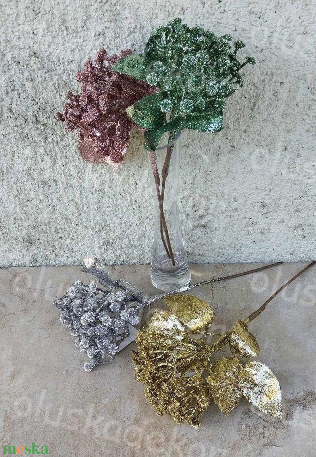 Babérleveles bokor, virágos, glitteres pick, karácsonyi hobby, kreatív, dekor műnövény, 26cm - kellékek & szerszámok - dekorációs kellékek - egyéb kellékek - Meska.hu