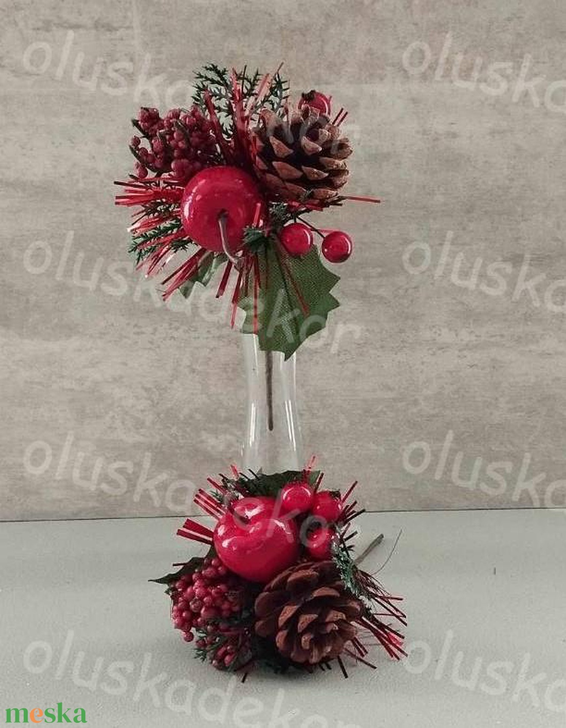 Fagyöngyleveles, almás, tobozos, csipkebogyós pick, karácsonyi, dekorációs műnövény, 18cm - kellékek & szerszámok - dekorációs kellékek - egyéb kellékek - Meska.hu