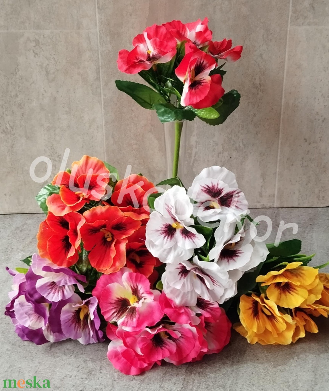 Árvácska, rózsaszín selyem dekorációs művirág, virágcsokor levelekkel, 24cm - kellékek & szerszámok - dekorációs kellékek - egyéb kellékek - Meska.hu