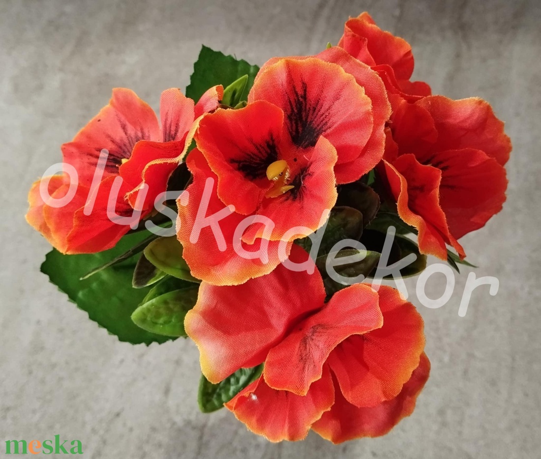 Árvácska, narancs selyem dekorációs művirág, virágcsokor levelekkel, 24cm - kellékek & szerszámok - dekorációs kellékek - egyéb kellékek - Meska.hu