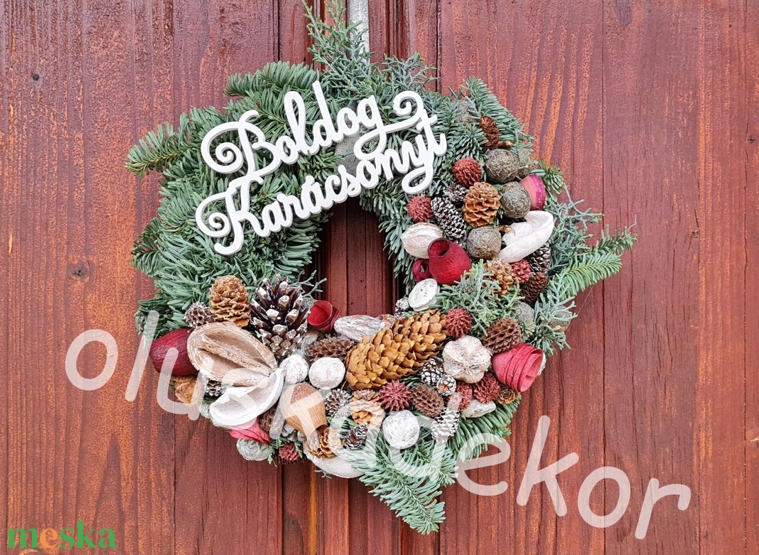 Élő fenyős klasszikus fehér, piros, natúr karácsonyi, ajtódísz, kopogtató, koszorú - karácsony - karácsonyi lakásdekoráció - karácsonyi ajtódíszek - Meska.hu