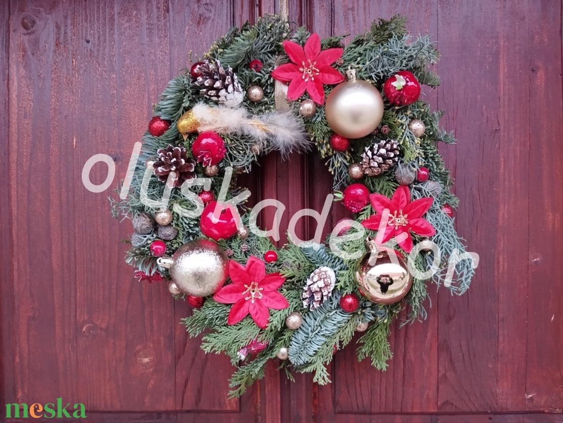 Klasszikus, Karácsonyi ajtódísz, kopogtató igazi Nobilis fenyő és Gyöngy tuja alap - karácsony - karácsonyi lakásdekoráció - ünnepi asztaldekoráció - Meska.hu