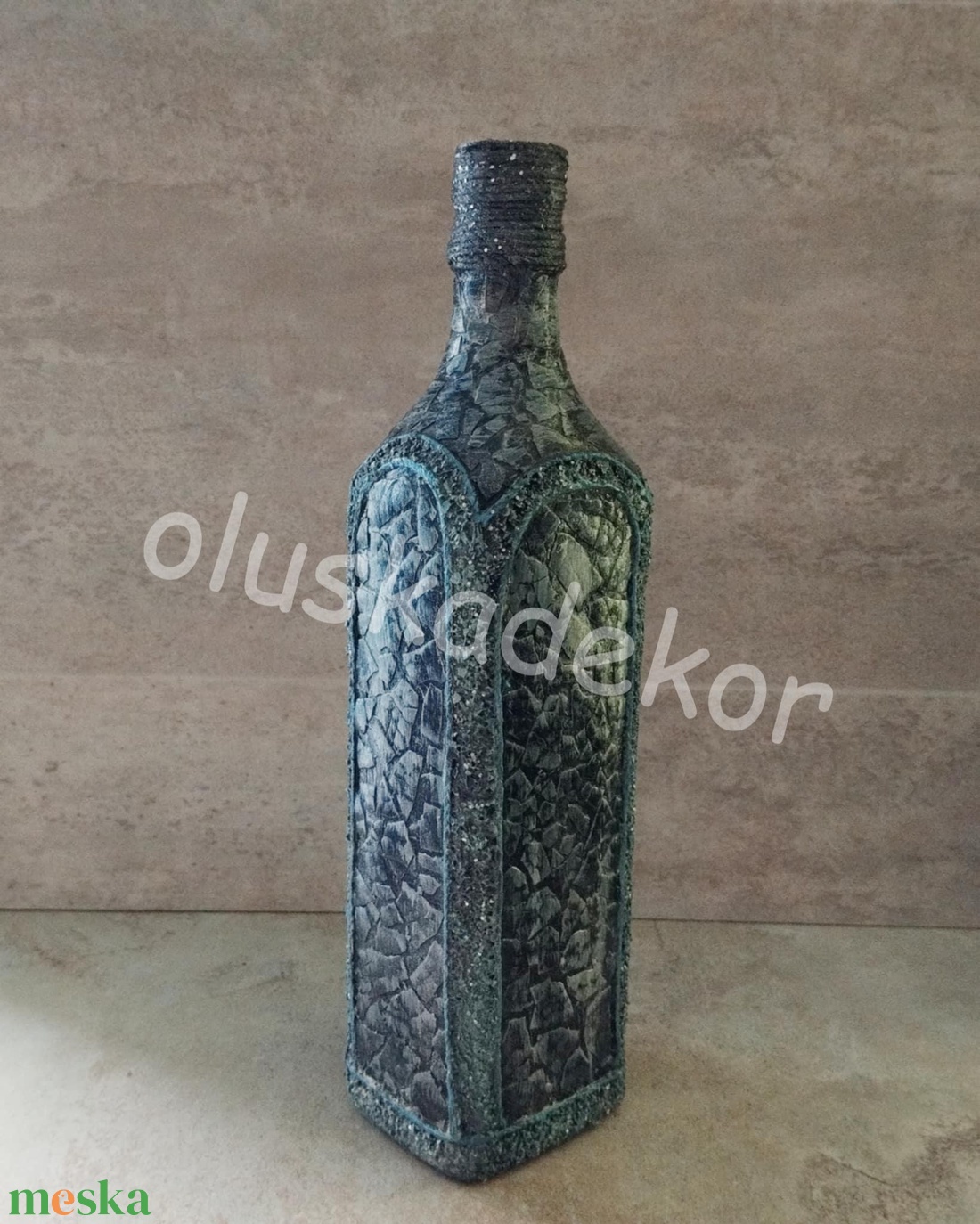 Dekorációs üveg, váza, mozaikos, ezüst, fekete, türkiz - otthon & életmód - dekoráció - asztal és polc dekoráció - asztaldísz - Meska.hu