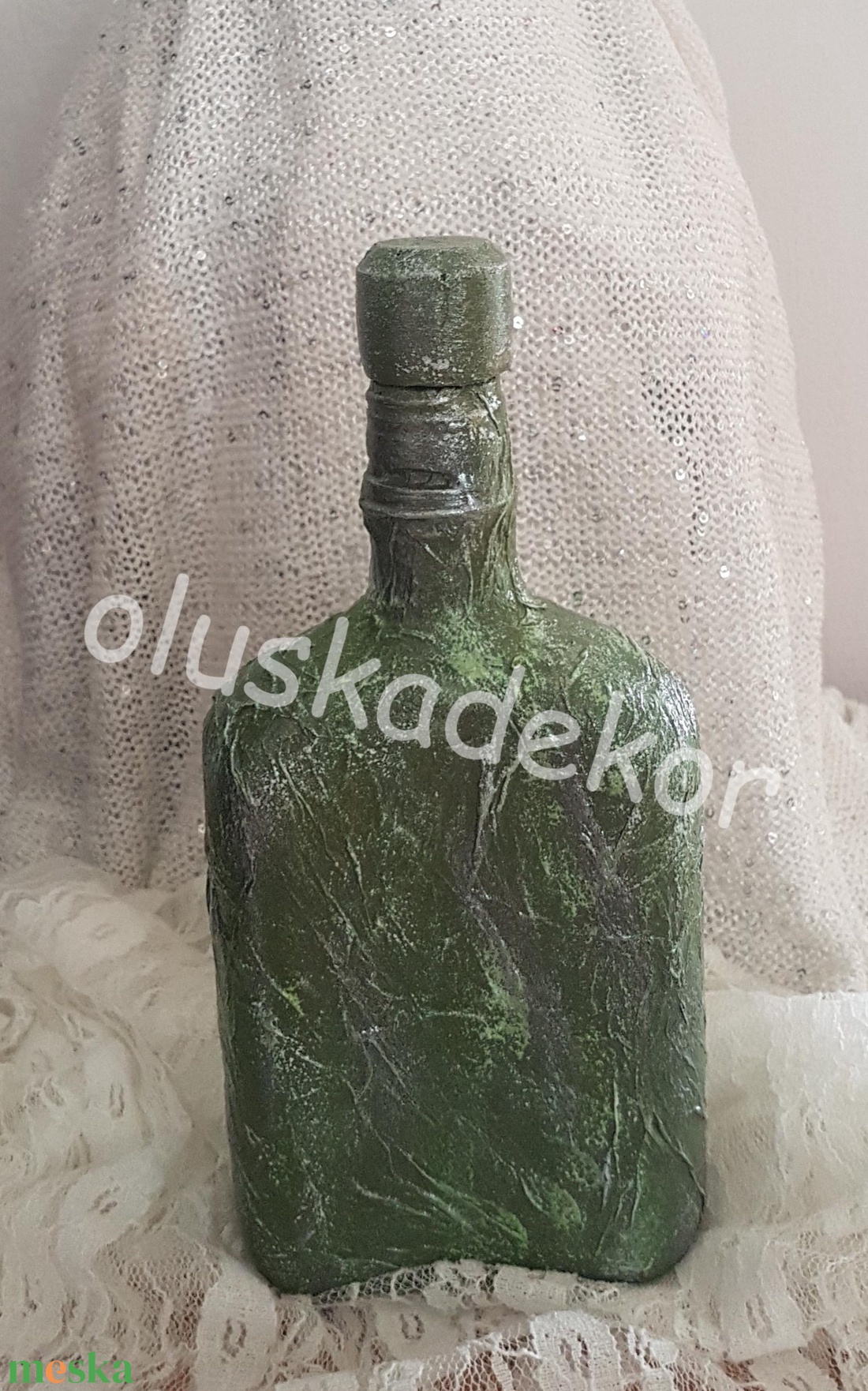 Dekorációs üveg, váza, khaki, cipzáros - gombos - otthon & életmód - dekoráció - asztal és polc dekoráció - asztaldísz - Meska.hu