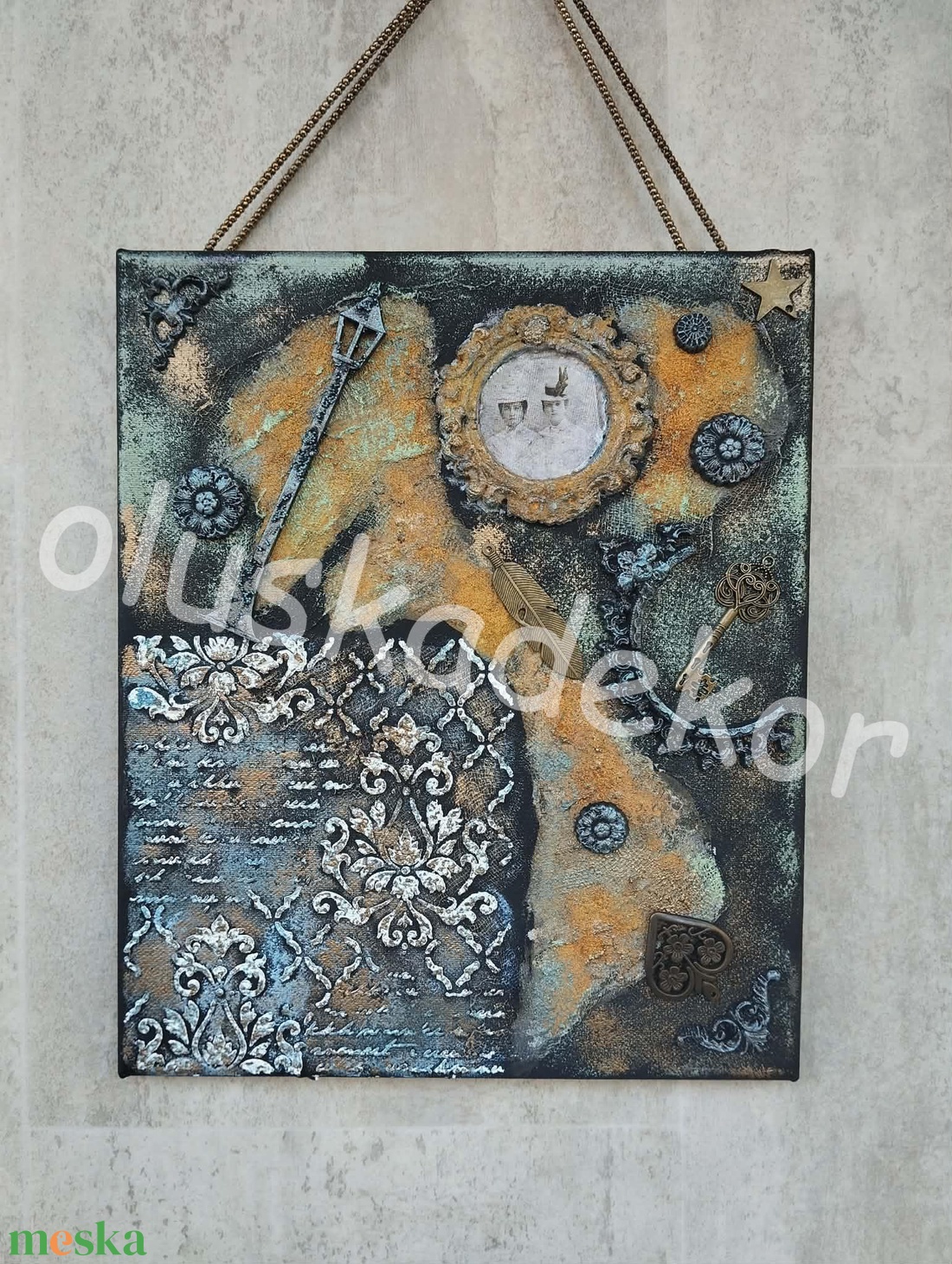 2 D, stencillel, festéssel, fém és agyag dekorációkkal készült falikép, kézműves dekoráció - otthon & életmód - dekoráció - fali és függő dekoráció - falra akasztható dekor - Meska.hu