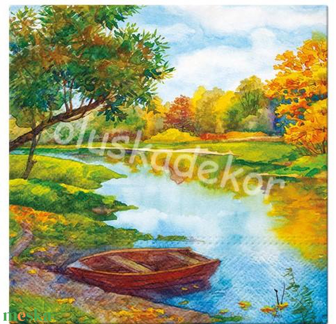 Csónak, folyópart, őszi hangulatú dekoupage, dekupázs dekor szalvéta - kellékek & szerszámok - papír - decoupage papír - Meska.hu