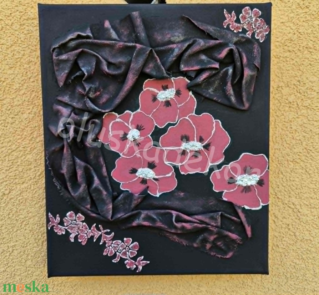 Vegyes - textil, stencil, festéssel készült kollázs falikép, fekete - magenta - ezüst - otthon & életmód - dekoráció - fali és függő dekoráció - falra akasztható dekor - Meska.hu
