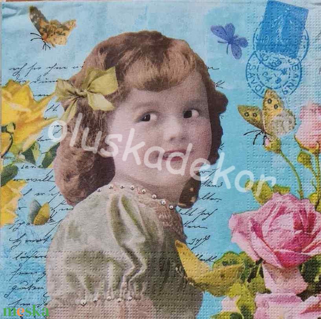 Kislány virágokkal, nosztalgia, vintage, dekoupage, dekupázs dekor szalvéta - kellékek & szerszámok - papír - decoupage papír - Meska.hu