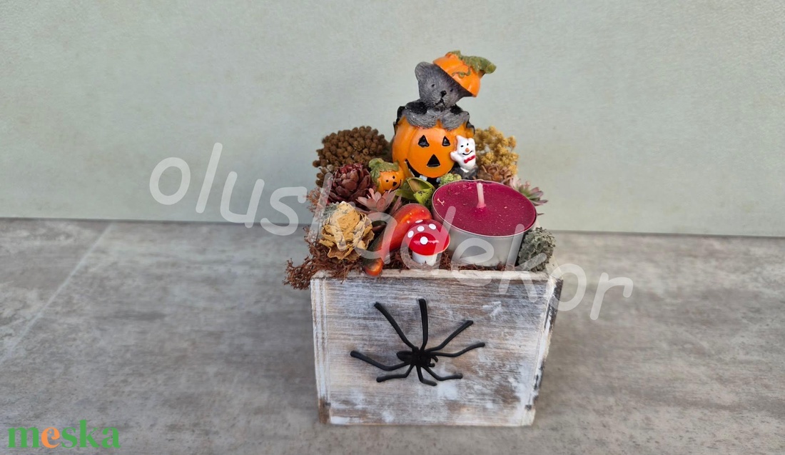 Macis, pókos mécseses halloweeni, őszi, asztaldekoráció, 9x9cm - otthon & életmód - dekoráció - asztal és polc dekoráció - asztaldísz - Meska.hu