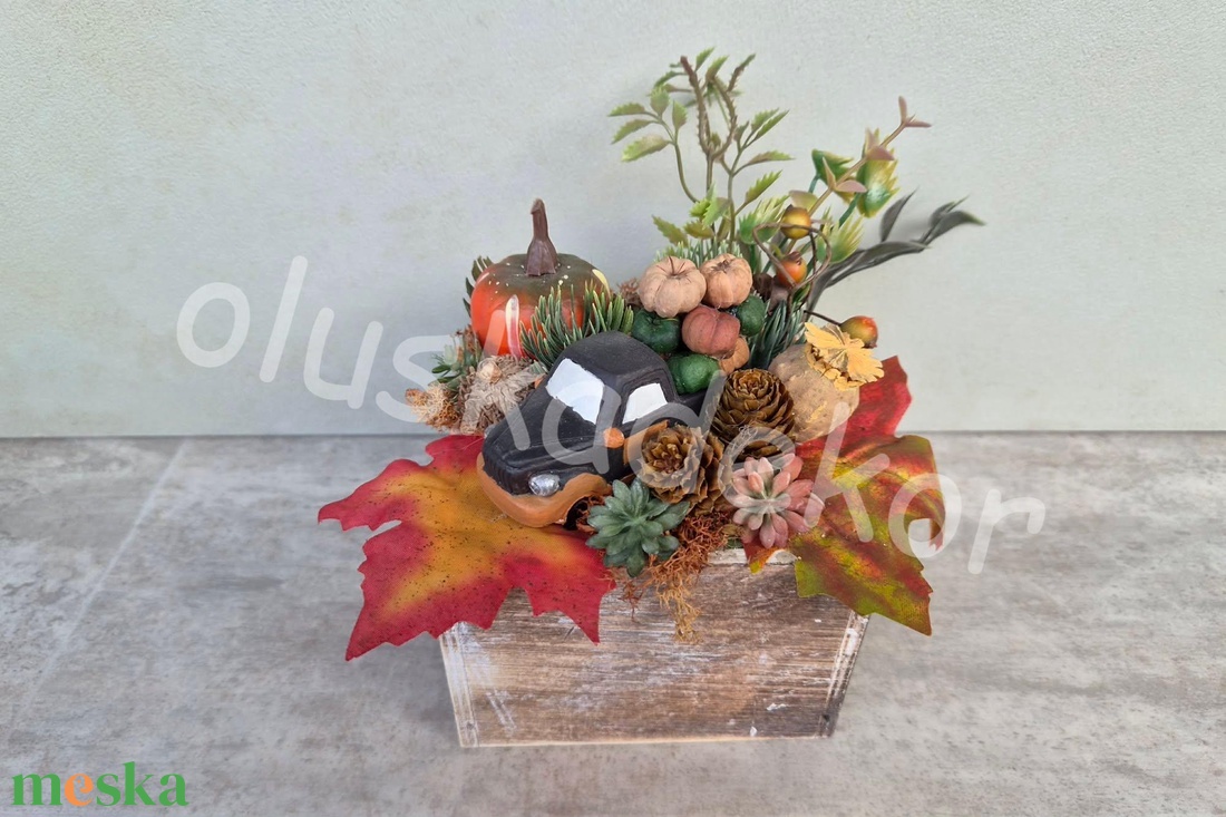 Tökös, teherautó - pick-up - os halloweeni, őszi, asztaldekoráció, 11x11cm - otthon & életmód - dekoráció - asztal és polc dekoráció - asztaldísz - Meska.hu
