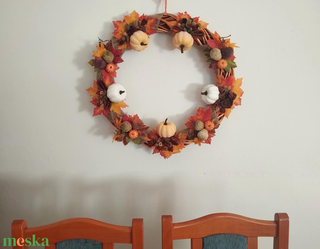 Őszi, ajtódísz, kopogtató, 56cm, száraztermés, levél, tök, makkal díszített koszorú - otthon & életmód - dekoráció - ajtó- és ablak dekoráció - ajtódísz & kopogtató - Meska.hu