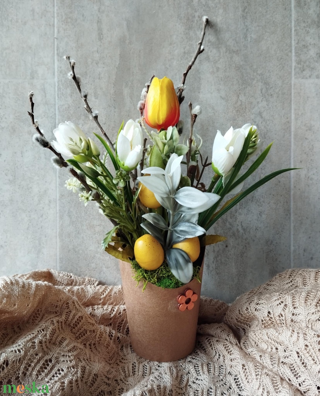 Tulipán, Crocus, Barka, tavaszi, húsvéti asztaldísz, dekoráció, kaspó, 31cm - ünnepi díszek, dekorációk - húsvéti díszek és dekorációk - húsvéti virágos díszek - Meska.hu