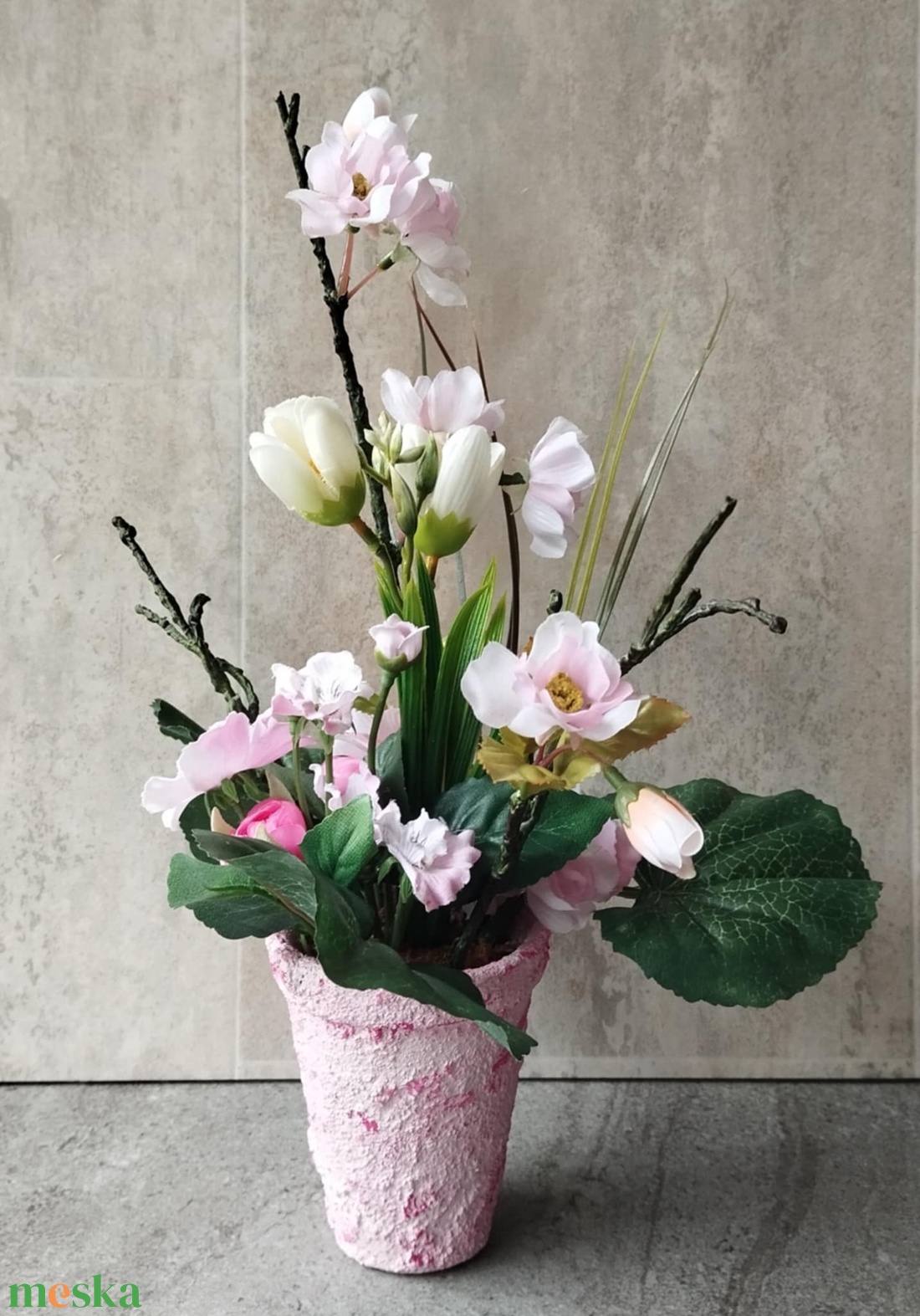 Cseresznyevirágos, Crocuszos tavaszi, húsvéti asztaldísz, dekoráció, kaspó - ünnepi díszek, dekorációk - húsvéti díszek és dekorációk - húsvéti virágos díszek - Meska.hu