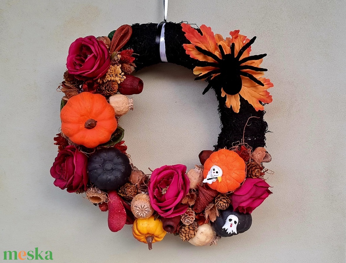 Halloweeni, őszi, pók, tök, szellem, száraztermés, ajtódísz, koszorú, kopogtató, ajtó dekoráció - otthon & életmód - dekoráció - ajtó- és ablak dekoráció - ajtódísz & kopogtató - Meska.hu