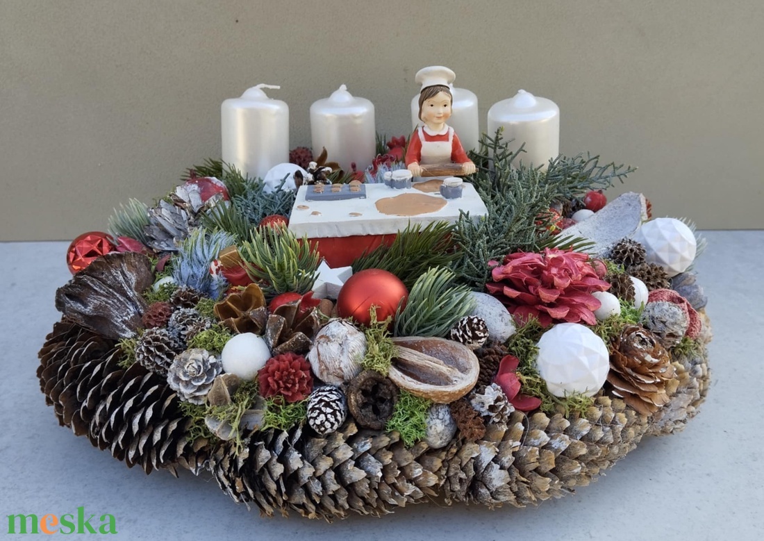 Adventi, karácsonyi RETRO, cukrászos asztaldísz, koszorú, dekoráció, kb. 33cm - karácsony - adventi díszek - adventi asztaldísz - Meska.hu