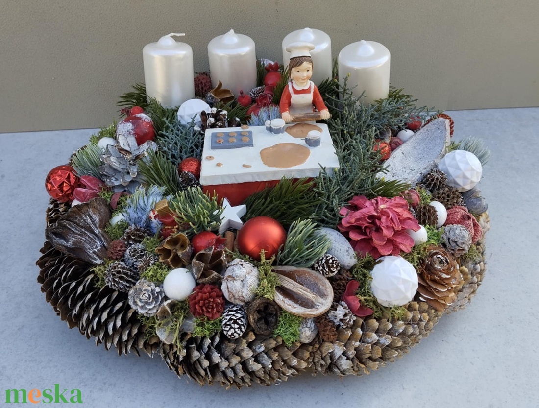 Adventi, karácsonyi RETRO, cukrászos asztaldísz, koszorú, dekoráció, kb. 33cm - karácsony - adventi díszek - adventi asztaldísz - Meska.hu