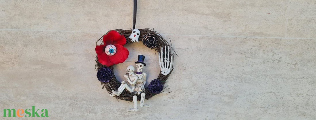 Halloweeni, őszi, csontvázas, ajtódísz, koszorú, kopogtató, ajtó dekoráció - otthon & életmód - dekoráció - ajtó- és ablak dekoráció - ajtódísz & kopogtató - Meska.hu