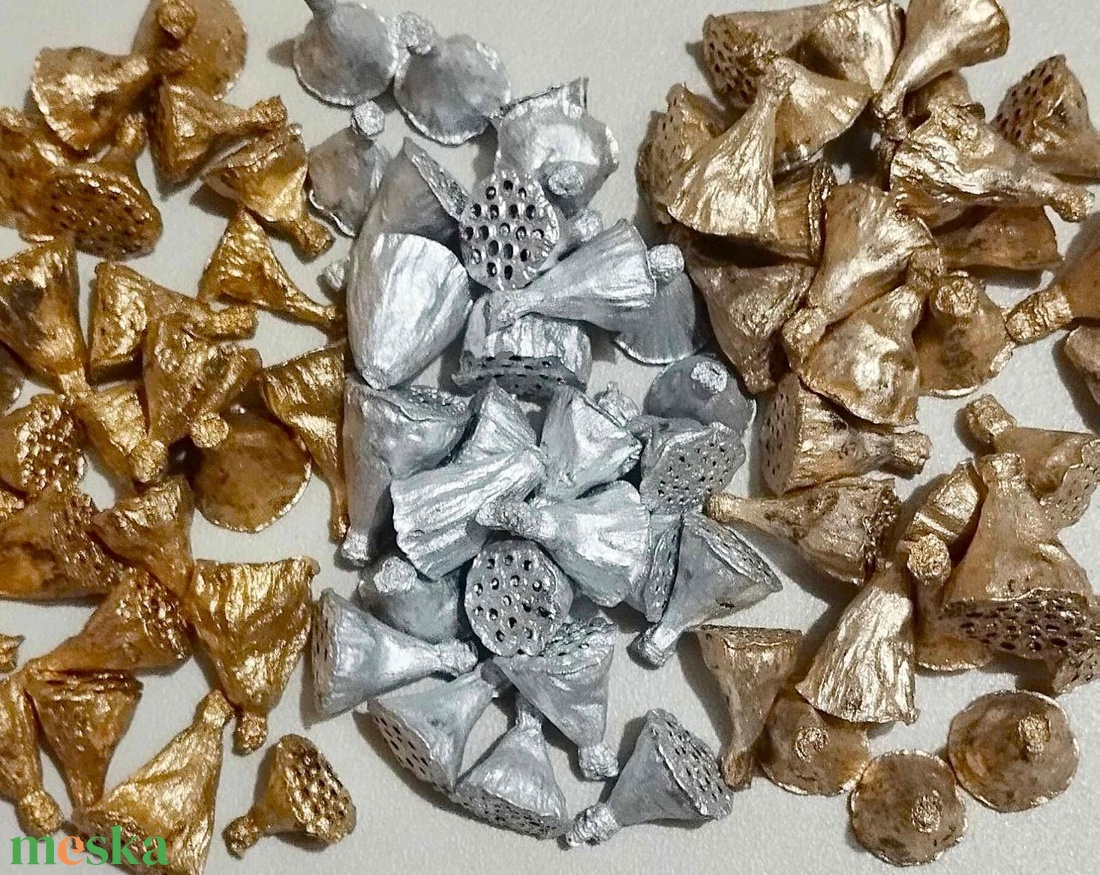 Lótusz, lotus, glitteres, dekorációs alapanyag, száraztermés pezsgő, arany, ezüst színben, 3-4cm - kellékek & szerszámok - dekorációs kellékek - termések, terméscsomagok - Meska.hu