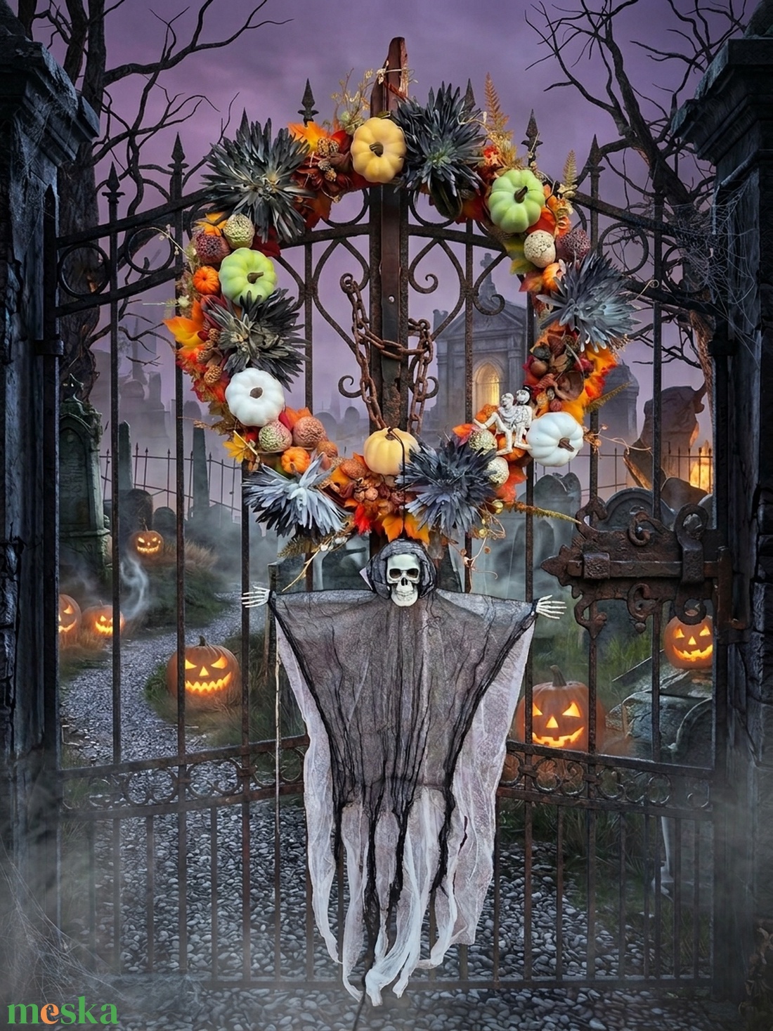 Őszi, halloweeni csontvázas led-es ajtódísz, kopogtató, koszorú, kb. 120cm - otthon & életmód - dekoráció - halloween - halloweeni ajtódíszek és ablakdíszek - Meska.hu