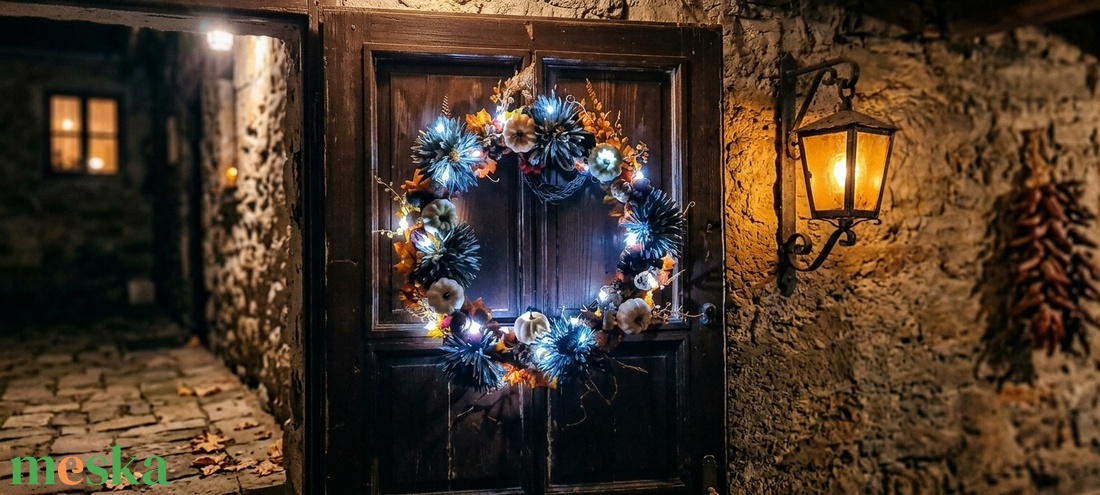 Őszi, halloweeni csontvázas led-es ajtódísz, kopogtató, koszorú, kb. 120cm - otthon & életmód - dekoráció - halloween - halloweeni ajtódíszek és ablakdíszek - Meska.hu