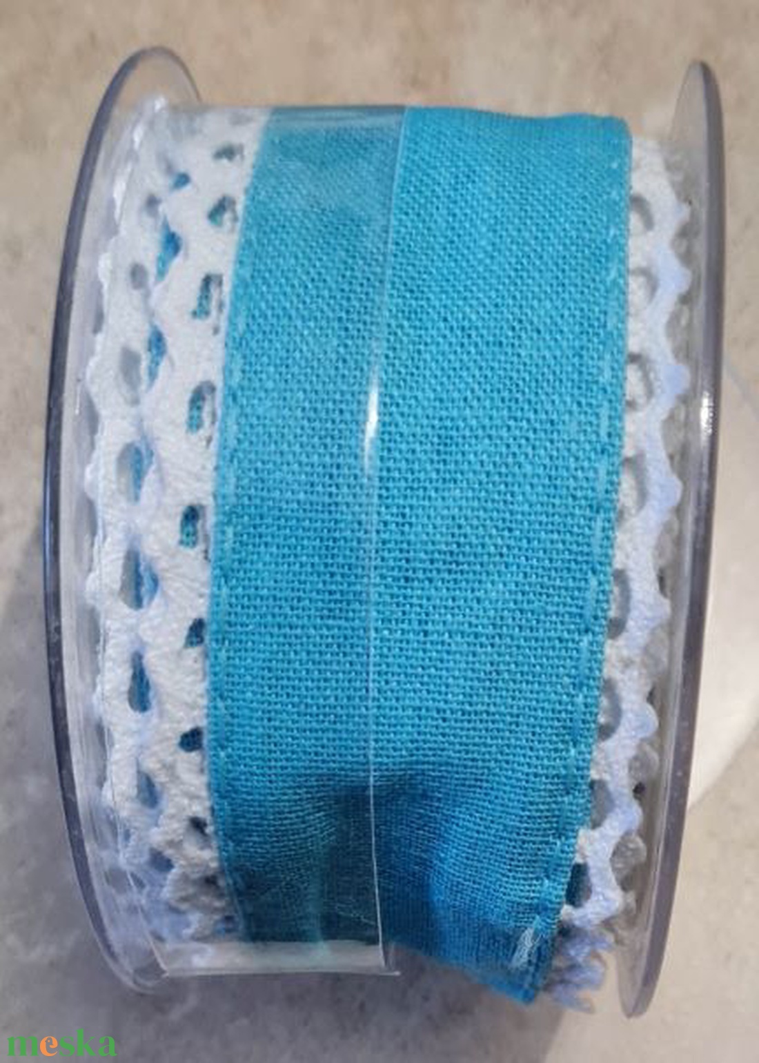 Textilszalag, csipkésszélű, türkiz, dekorációs kiegészítő, 5cm - kellékek & szerszámok - rövidáru - szalag, pánt - textilszalag - Meska.hu