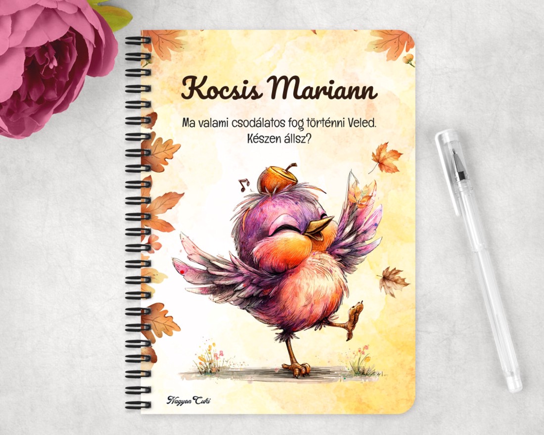 Személyre szabható - Cuki őszi táncoló kismadár mintás A6-os füzet - otthon & életmód - papír, írószer - jegyzetfüzet & napló - Meska.hu