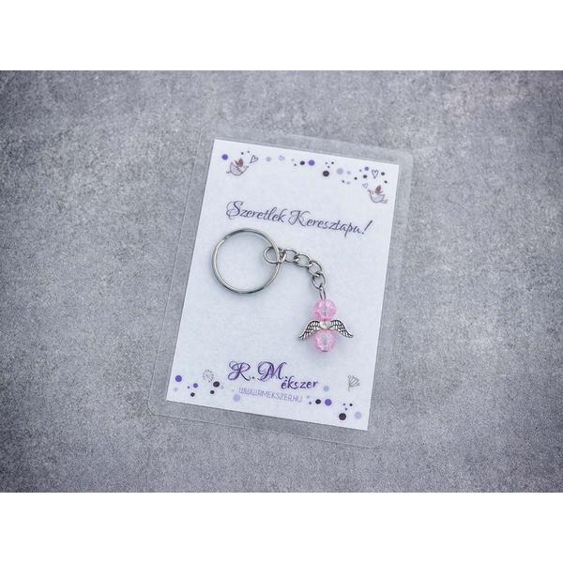 Szeretlek Keresztapa rózsaszín angyal medálos kulcstartó - táska & tok - kulcstartó & táskadísz - kulcstartó - Meska.hu