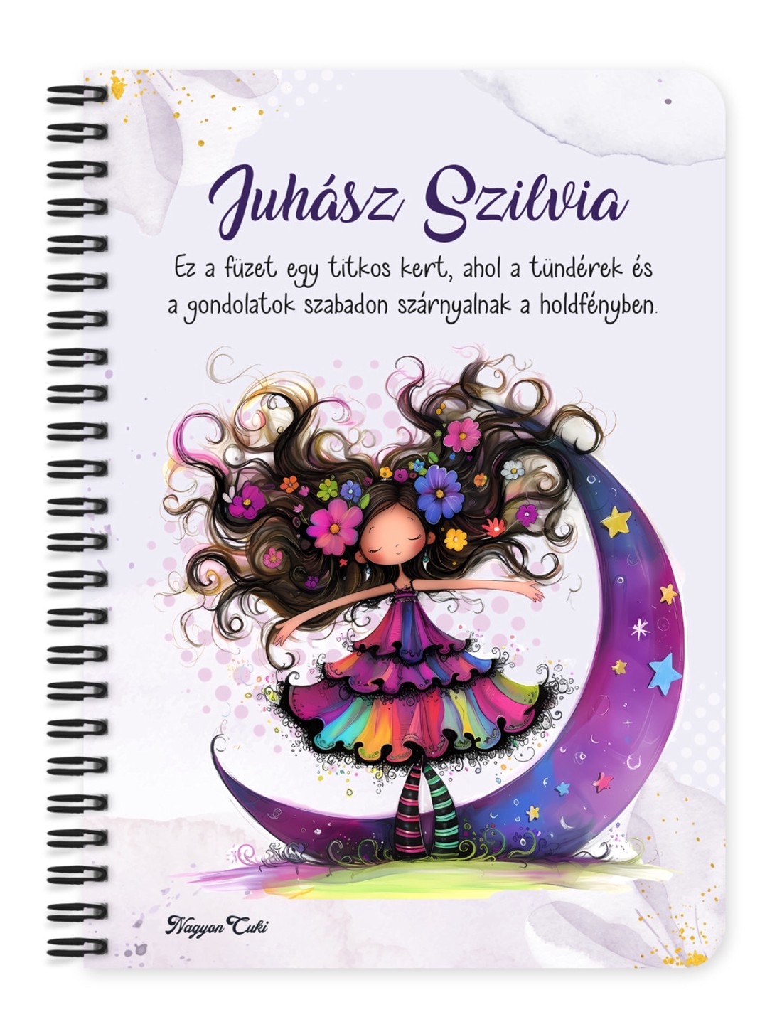 Személyre szabható - Bájos lila virágos tündér és a hold mintás A6-os füzet - otthon & életmód - papír, írószer - jegyzetfüzet & napló - Meska.hu