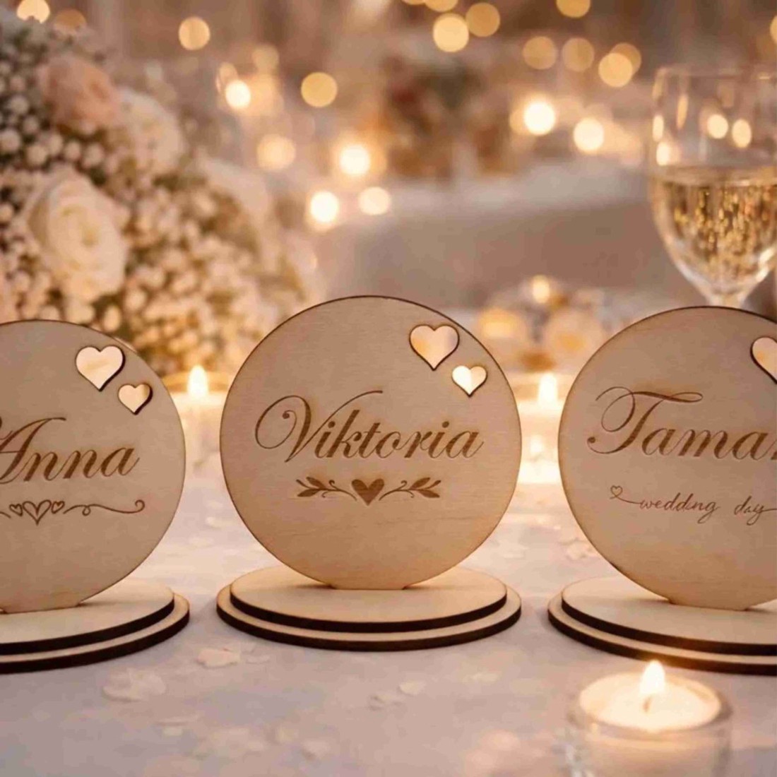 Kör alakú fa névtábla � gravírozott ültetőkártya esküvőhöz - esküvő - emlék & ajándék - köszönőajándék - Meska.hu