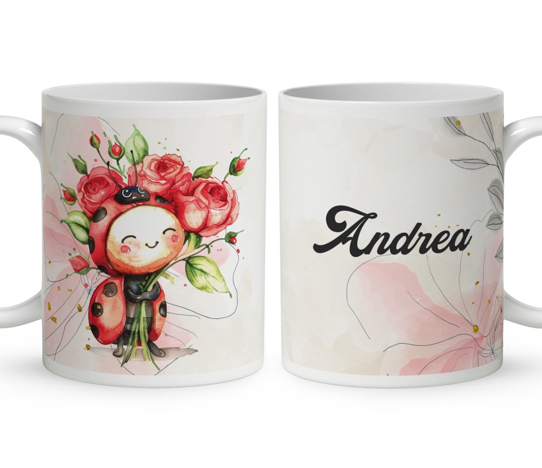 Névvel kérhető - Katica virágcsokorral mintás bögre - otthon & életmód - konyhafelszerelés, tálalás - tálalás - bögre & csésze - Meska.hu