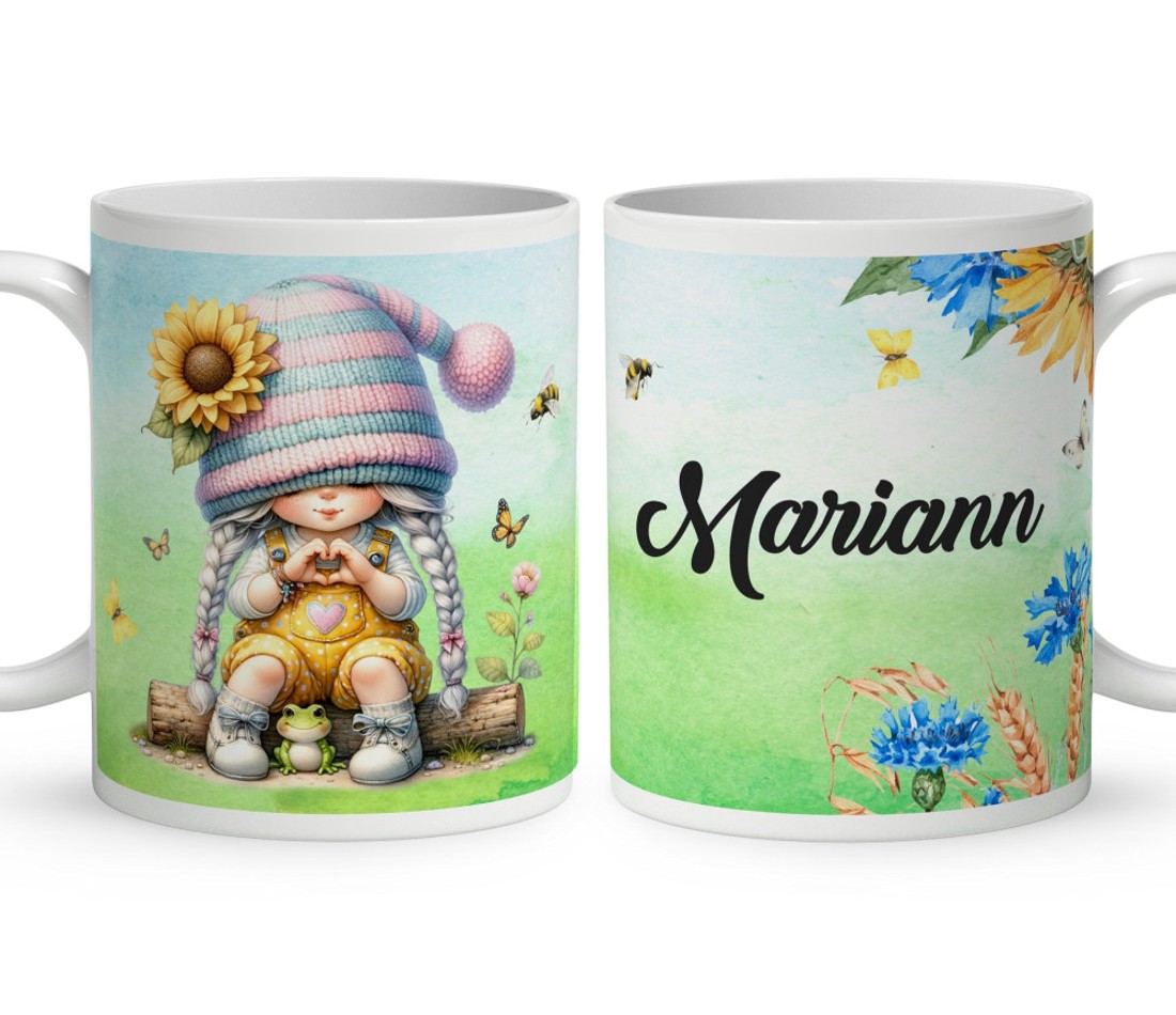 Névvel kérhető - Szívecskés napraforgós manó lány mintás bögre - otthon & életmód - konyhafelszerelés, tálalás - tálalás - bögre & csésze - Meska.hu