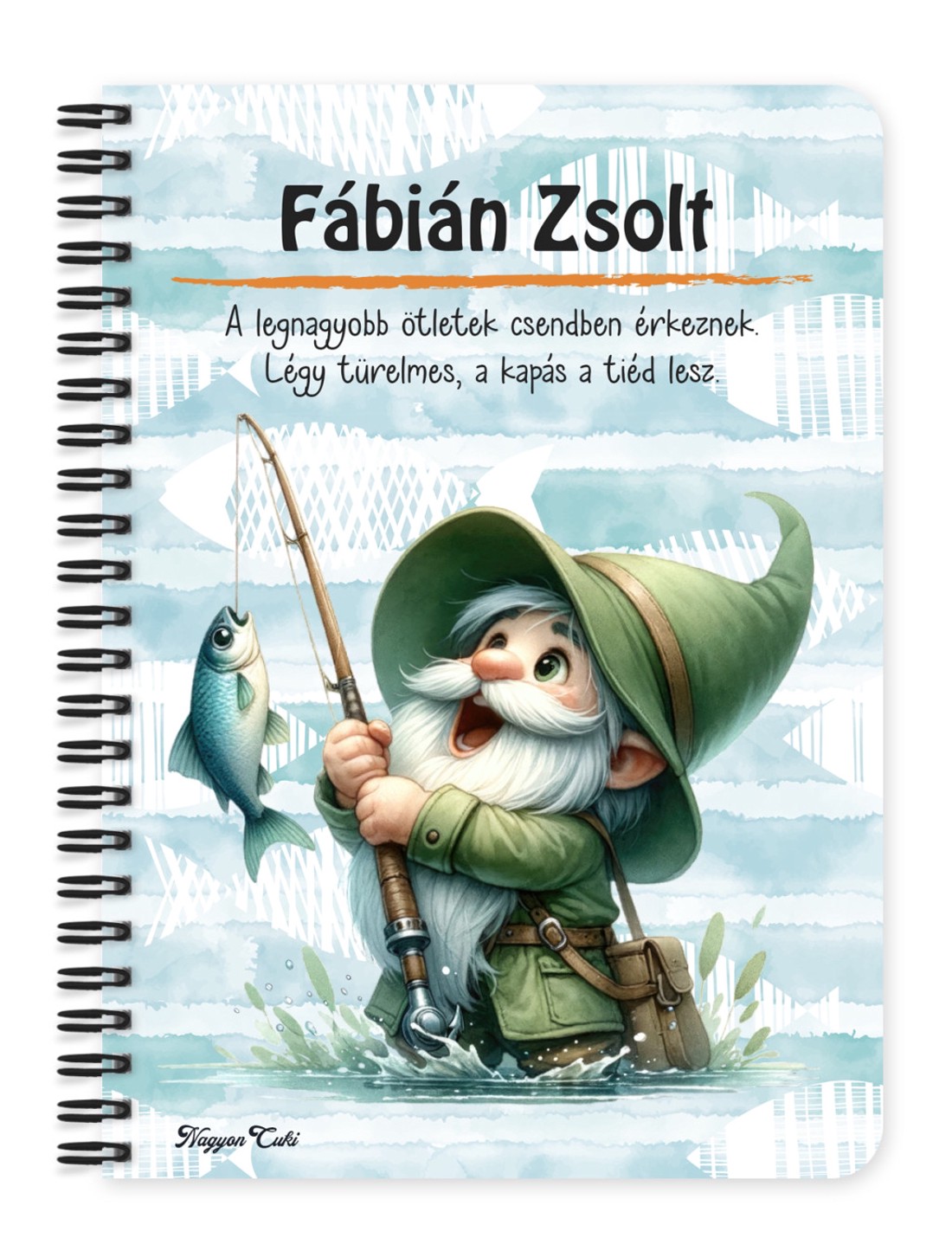 Személyre szabható - Horgász manó és a nagy fogás mintás A5-ös füzet - otthon & életmód - papír, írószer - jegyzetfüzet & napló - Meska.hu