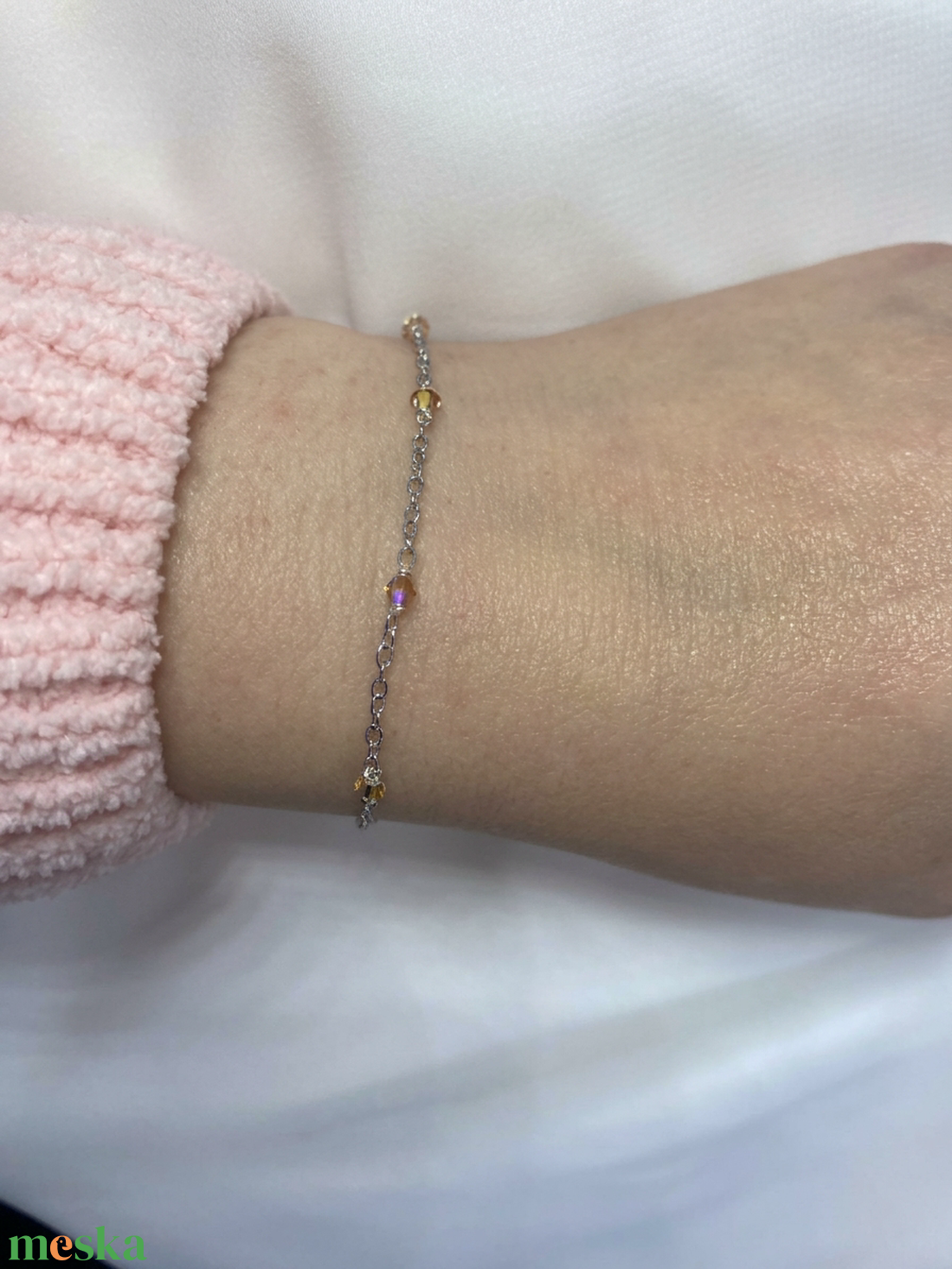 Napfény Csepp karkötő � kézzel készített, borostyán-aranysárga Swarovski kristálygyöngyös, 316L nemesacél lánccal, egyed - ékszer - karkötő - gyöngyös karkötő - Meska.hu
