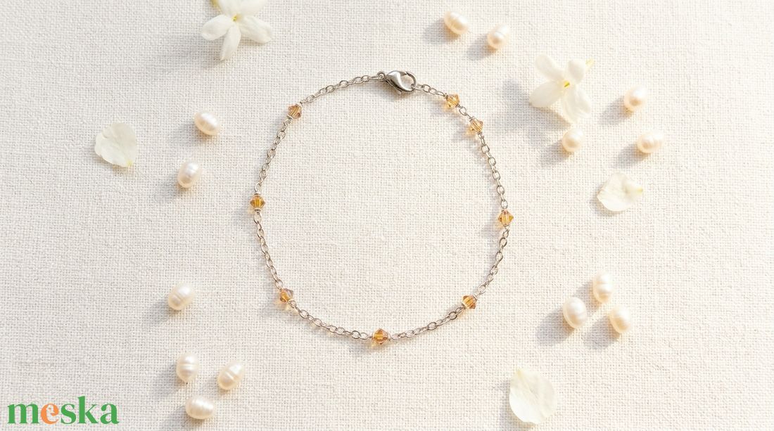 Napfény Csepp karkötő � kézzel készített, borostyán-aranysárga Swarovski kristálygyöngyös, 316L nemesacél lánccal, egyed - ékszer - karkötő - gyöngyös karkötő - Meska.hu